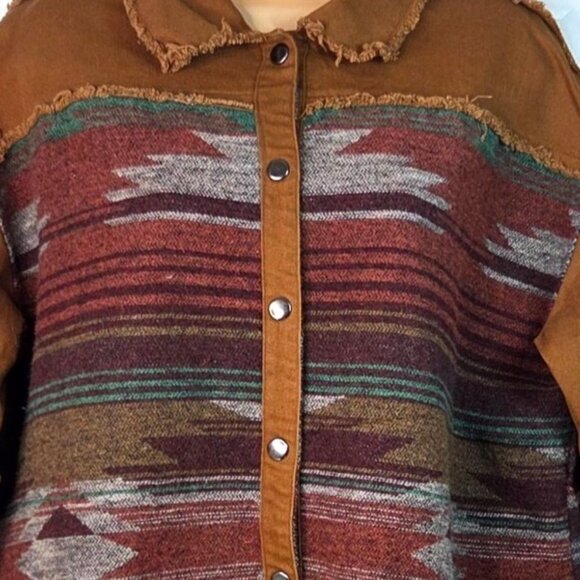 Brown Aztec Frayed Hem Button-Up Jacket Medium By Blue B Collection - Picture 4 of 6